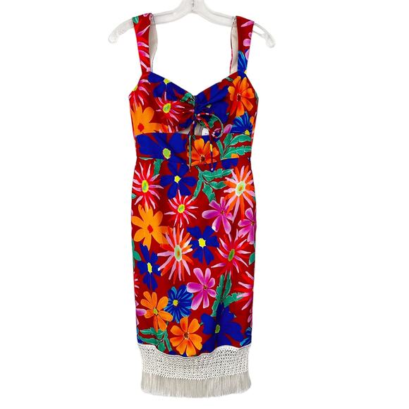 PatBO Aster Fringe Trim Floral Midi Sheath Dress Sz 6